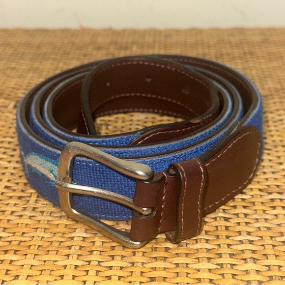 Vintage Mens SZ 42 Hand Stitched Marlin Needlepoint Canvas Belt Nautical Preppy